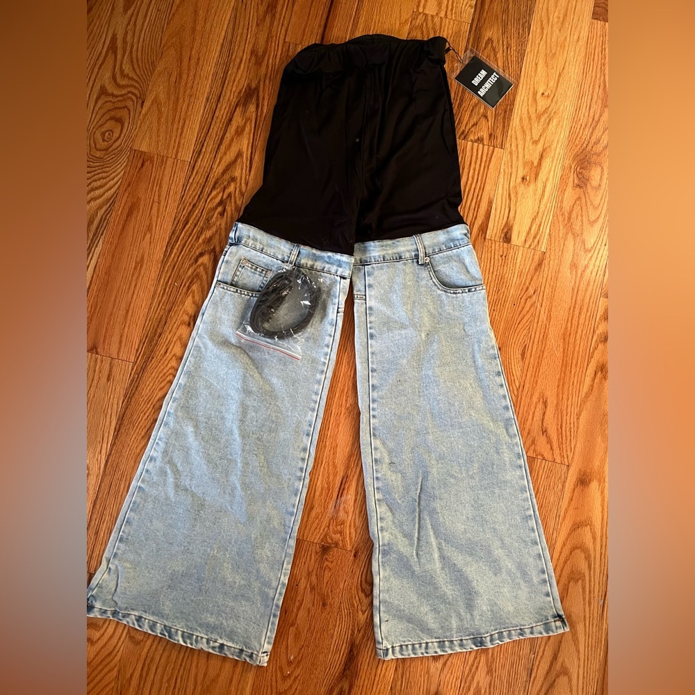 Stretch elastic high waist pants with denim